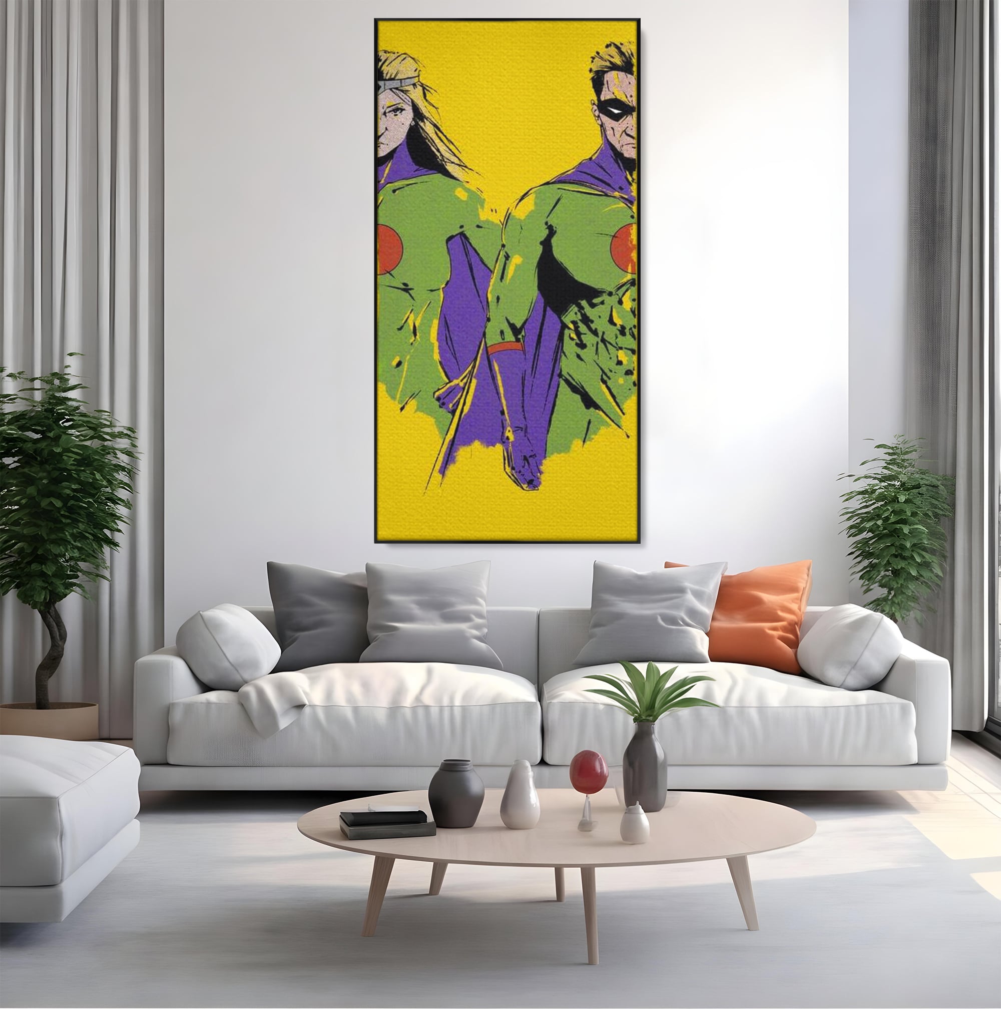 Tablou canvas cu tablou canvas cu doi supereroi pe fundal galben, in rama de aluminiu negru, pe perete intr-un living
